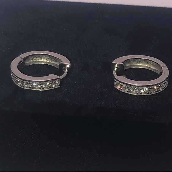 STERLING Silver & White Cz Stone Hoop Earrings 17mm Hoops / 4mm Width - Picture 2 of 6